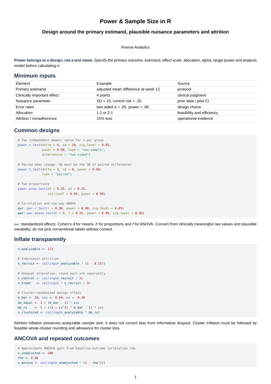 Preview of the power and sample size cheat sheet